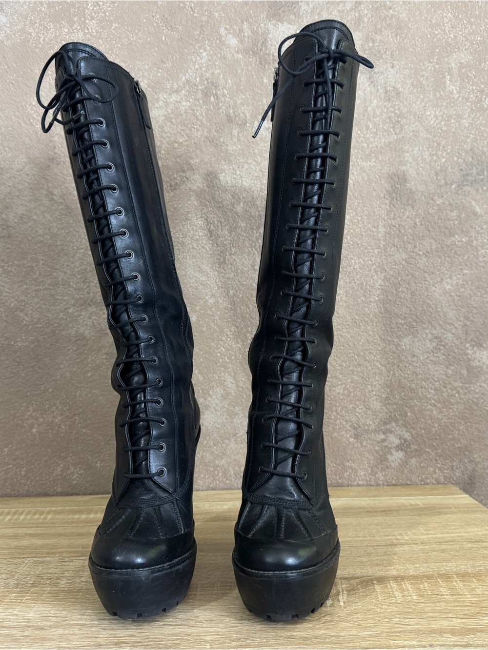 NEW RALPH LAUREN 100% leather Black Lace-Up Platform Knee-High Boots - Women’s